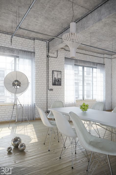 All White Industrial Loft Flat by Tamas Petrovics, via Behance #beinspired #interiors Industrial White Interior, White Loft Interior, White Industrial Interior, White Industrial Ceiling, White Industrial Bedroom, White Industrial Living Room, White Loft Apartment, Loft Office Design, Industrial Flat