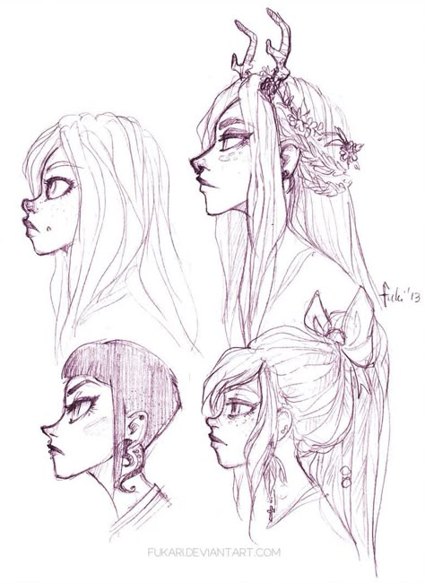 girls by Fukari Some Drawings, Character Design Cartoon, Profile Drawing, Drawing Faces, Arte Sketchbook, Arte Inspo, Art Et Illustration, Art And Illustration, How To Draw Hair