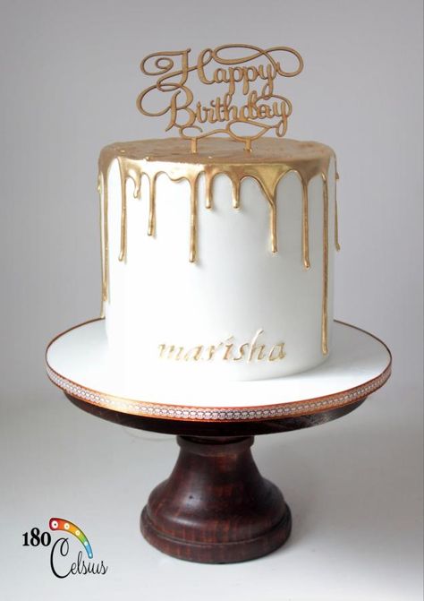 The Golden Drip by Joonie Tan Golden Birthday Cake Ideas, Drip Cake Tutorial, Bolo Drip Cake, 24th Birthday Cake, Golden Birthday Cakes, White Birthday Cakes, Golden Cake, Gold Birthday Cake, 21st Cake