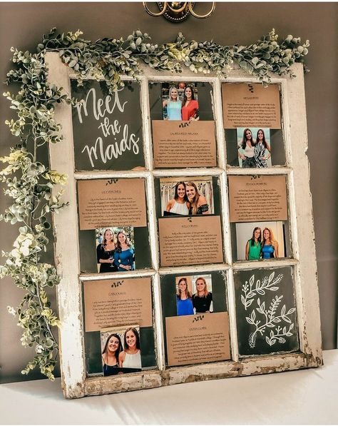 Bridal Party Display Board, Picture Display Wedding Reception, Bridal Shower Photo Display Ideas, Bridal Shower Centerpieces With Pictures, Bridal Shower Engagement Picture Display, Pictures For Bridal Shower Cute Ideas, Bridal Scrapbook Ideas, Engagement Photo Display At Wedding, Bridal Shower April Showers