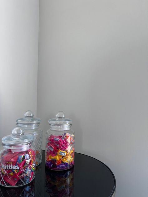 Candy Jars Aesthetic, Candy Bowl Ideas Home, Candy Jar Aesthetic, What To Put In Glass Jars, Designing Room, Sweets Jar, Work Cubicle Decor, Lolly Jars, Homework Desk