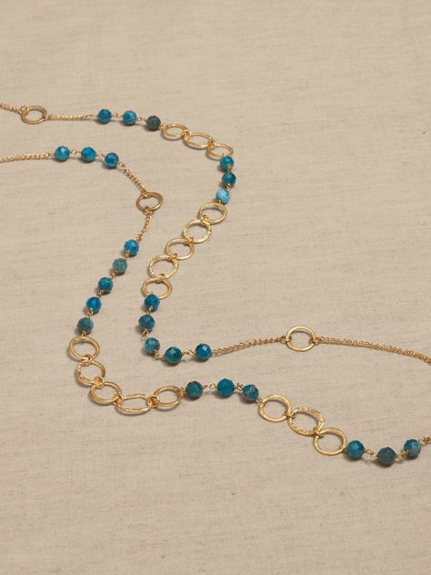 Blue Apatite & Chain Long Necklace | Aureus + Argent | Banana Republic Boho Jewellery Necklaces, Apatite Necklace, Wire Jewelry Tutorial, Beads Bracelet Design, Long Beaded Necklace, Necklace Craft, Blue Apatite, Unique Jewelry Designs, Women's Jewelry And Accessories