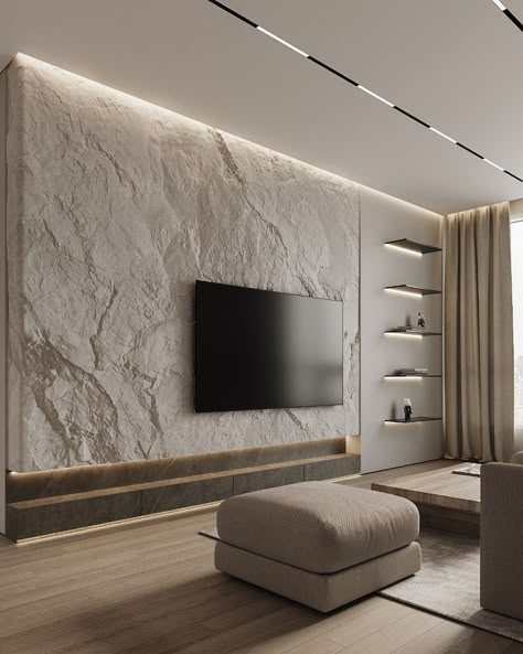 Stylish Modern Home Interior Design for Apartments Living Room With Stone Wall Interior Design, Interior Design For Apartments, Modern Zen Living Room, Stone Wall Interior Living Room, Stone Wall Living Room, Stone Wall Interior Design, Zen Living Room, Stone Feature Wall, Stone Walls Interior