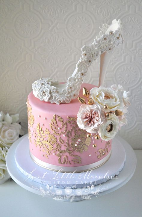 Bridal Shower High Heel Cake Definitely one of my favorite cakes! Sugar heel is made out of fondant. Handmade sugar flowers. Stencil is... Blush Pink Wedding Shoes, High Heel Cakes, Shoe Cakes, Bridal Shower Cakes, Wedding Cake Table, Gold Bridal Showers, Bridal Shower Cake, Pink Bridal Shower, Cool Wedding Cakes