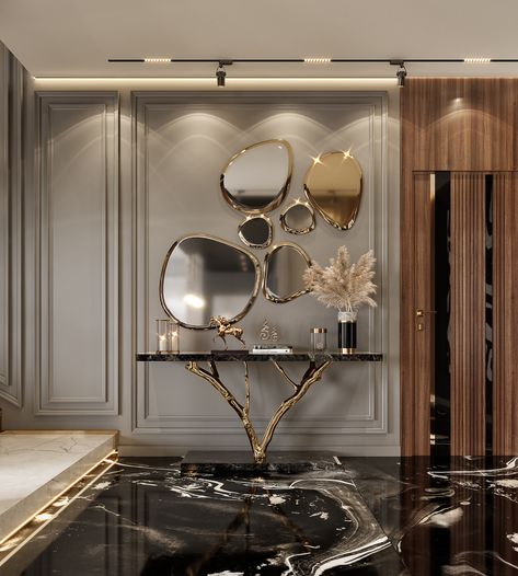 LUXURY APARTMENT :: Behance Console Table Luxury, Classic Interior Design Living Room, Home Mirror, Luxury Console Table, Luxury Console, Lobby Interior Design, Classy Living Room, Console Table Design, Home Hall Design