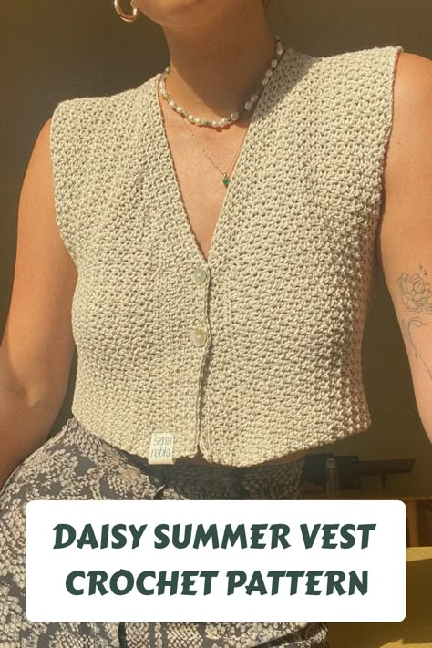 A written PDF pattern on how to make a made-to-measure Vest Top that can take You from summer straight to autumn! Working great with both linen and wool yarn with a stitch created specifically for this vest.  *THIS IS A WRITTEN PATTERN NOT THE PRODUCT ITSELF!* #crochettop Chunky Vest Crochet Pattern, Crochet Fitted Vest, Crochet Crop Vest Pattern Free, Crochet Button Vest Pattern Free, Crochet Vest Top Pattern Free, Crochet Button Vest, Free Crochet Vest Pattern, Crochet Summer Vest Pattern, Crochet Vest Pattern Free Woman