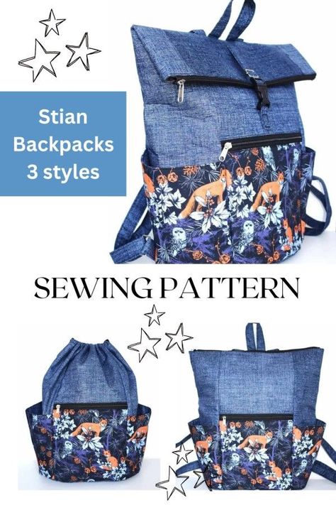 Backpacks sewing patterns. This set includes sewing patterns for 3 different backpacks to sew, including a drawstring top, a zipper top, and a foldover zipper top. Plenty of pockets inside and out, and adjustable straps. Sew a diy backpack suitable for kids, teens and adults. Back to school sewing project. Easy to sew backpack for beginners. SewModernBags Spacious Backpacks, Sew Backpack, Diy Backpack Pattern, Backpack Pattern Sewing, Purse Patterns Free, Backpack Sewing, Backpack Tutorial, Wallet Sewing Pattern, Beautiful Backpacks