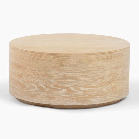 Volume Round Drum Coffee Table - Wood | West Elm West Elm Table, Round Drum Coffee Table, West Elm Coffee Table, Modern Coastal Home, Pedestal Coffee Table, Woodgrain Pattern, Pedestal Side Table, Drum Coffee Table, Oversized Furniture