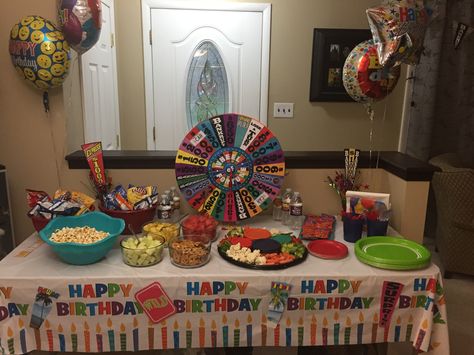 Wheel of Fortune birthday party! Complete with k'nex wheel of fortune. Wheel Of Fortune Party, Party Ideas Decoration, Wheel Of Fortune Game, One Year Birthday, Garden Party Birthday, 80th Birthday Party, Golden Birthday, Adult Birthday Party, Wheel Of Fortune