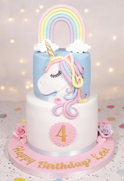 Unicorn Two Tier Cake, Unicorn Cake Two Tier, Rainbow Cake Topper, Rainbow Unicorn Cake, Fondant Cakes Birthday, 2 Tier Cake, Two Tier Cake, Unicorn Birthday Cake, Cake Inspo