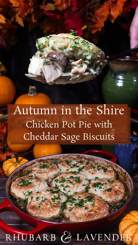 Creamy chicken and mushroom pie topped with warm cheddar sage biscuits is the perfect hearty meal to enjoy from the comfort of a hobbit hole! This chicken pot pie is the ideal warm comfort food for a Lord of the Rings movie marathon or a cozy fall dinner. Gluten Free Hobbit Food, Hobbit Food Schedule, Dnd Meal Ideas, Lord Of The Rings Dinner Food, Hobbit Dinner Recipes, Skyrim Food Recipes, Lord Of The Rings Appetizers, Imbolc Dinner Recipes, Lord Of The Rings Recipes Food