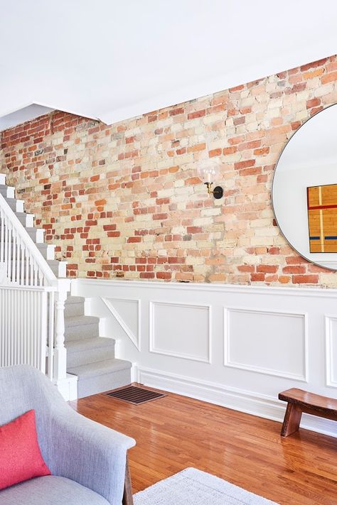 Half Brick Wall Interior, Exposed Brick Wall Decor, Half Brick Wall, Brick Wall Interior, Brick Wall Decor, Julie Taylor, Interior Hallway, Brick Interior Wall, Lobby Wall