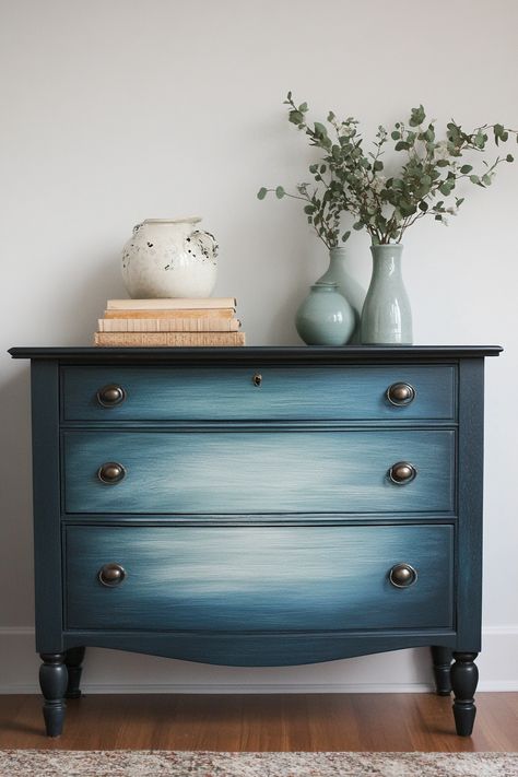 Blended Painted Furniture, Ombre Paint, Colorful Dresser, Dresser Refinish, Dusk Sky, Dresser Ideas, Dresser Redo, Diy Ombre, Wooden Dresser