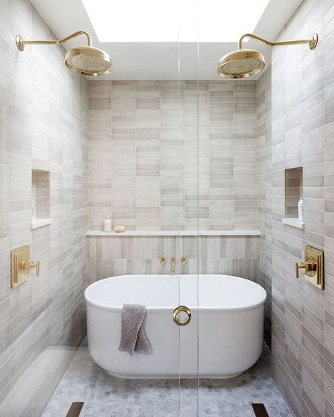 Double Shower Head Master Baths, White Mosaic Bathroom, Tile Shower Niche, Bathroom With Tub, Master Shower, Wet Room, Transitional Bathroom, Freestanding Tub, Main Bathroom