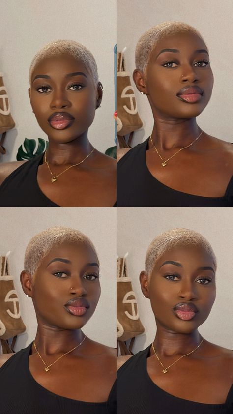 Short blonde hair on black women Bleached Buzzcut Black Women, Blonde Buzz Cut Black Women, Lowcut Hair For Black Women, Styling Buzzcut, Blonde Twa Black Women, Blonde Buzzcut Woman Black, Blonde Buzzcut Woman, Blonde Short Hair Black Women, Blonde On Dark Skin