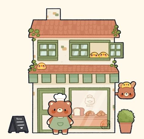 ArtStation - BEAR's Bakery, Galina Podolskaya Bakery Drawing Cute, Kawaii Bakery Aesthetic, Kawaii Building Drawings, Kawaii Bakery Illustration, Kawaii Pastry Drawing, Kawaii Bakery Drawing, Bakery Drawing Illustration, Cute Bakery Illustration, Pixel Art Bakery