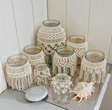 Macrame Covered Jars, Macrame Vase Cover, Macrame Glass Jar, Macrame Vase, Macrame Beach, Diy Macrame Wall Hanging, Jar Covers, Wedding Jars, Macrame Wedding