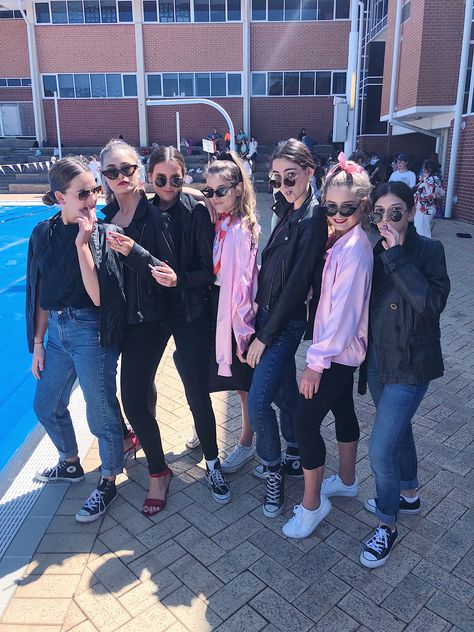 grease costumes Grease Spirit Day Outfit, Grease Group Halloween Costumes, 50s Spirit Week Outfit, Greece Vs Grease Spirit Week, Grease Party Theme Outfit, Grease Group Costumes, Dress As Your Favorite Celebrity Spirit Week, Grease Halloween Costumes Group, Greece Movie Outfits