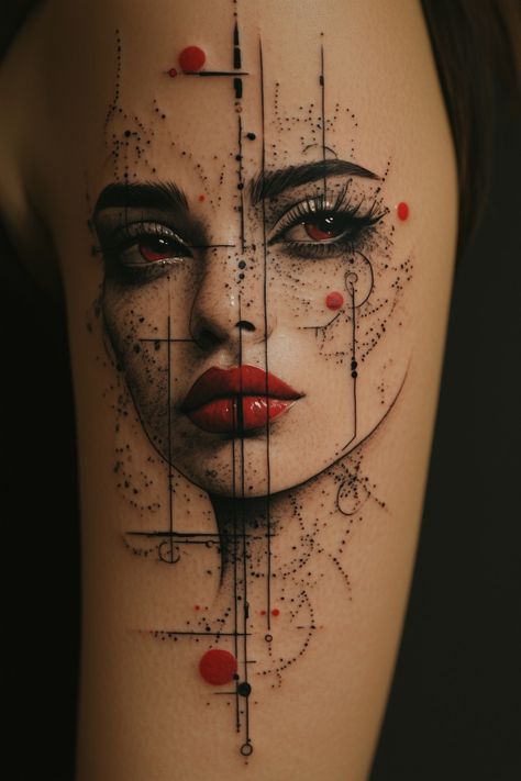 Smoky Tattoo Sleeve, Masking Tattoo Ideas, Many Faces Tattoo, Female Barber Tattoo, Womens Face Tattoo Design, Realistic Woman Face Tattoo Design, Dark Woman Tattoo, Womans Face Tattoo, Absurdism Tattoo