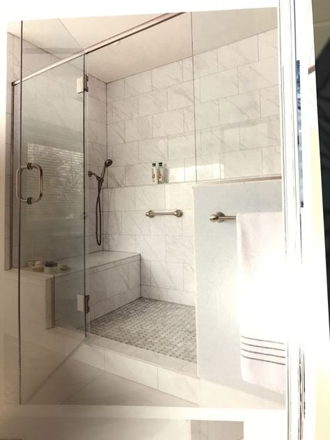 Awesome bathroom shower. Love the ledge for products and the extra shower head above the bench! Bathroom Shower Ledge Ideas, Shower Ledge And Bench, Master Bath Shower Two Heads, Shower Room Bench, Shower With Ledge And Bench, Long Shower Bench, Master Shower Privacy, Tub With Bench, Seat In Shower Ideas