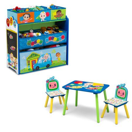 Playtime just got so much cooler with the CoComelon 4-Piece Toddler Playroom Set by Delta Children! A versatile set that provides both seating and storage, it includes a wooden play table with 2 chairs and a 6-bin toy organizer. The wooden play table and 2 chairs are the perfect kid-size height and feature bold CoComelon graphics. The 6-Bin Toy Organizer features a sturdy wooden frame that holds six fabric bins sized for every type of toy, so you can store books, blocks, and more. The toy bin al Cocomelon Room Ideas, Toddler Play Table, Table With 2 Chairs, Scratched Wood, Toy Bin, Toddler Playroom, Toy Organizer, Store Books, Toy Storage Organization