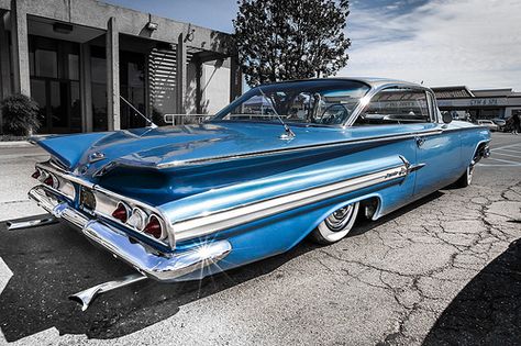 Blue 1960 Chevy Impala -  Glowing Paint in the California sun Glowing Paint, 60 Impala, 59 Chevy Impala, 1960 Chevy Impala, Classic Cars Chevy, Vintage Muscle Cars, Lowrider Cars, Old School Cars, American Classic Cars