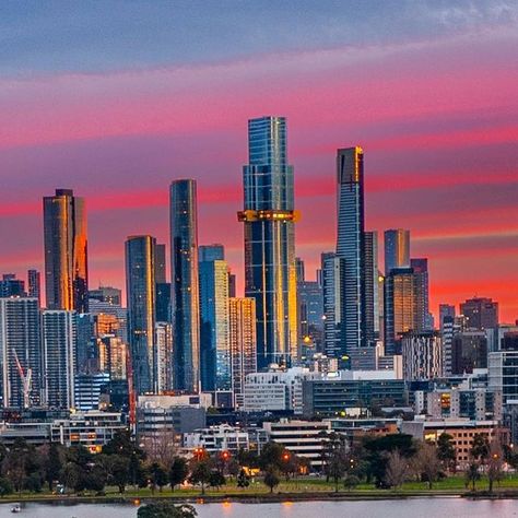 Walking Perspective on Instagram: "… about this morning … The Melbourne skyline from Albert Park Lake…absolutely lit…" Aussie Painting, Walking Perspective, Melbourne Skyline, Travel 2024, Albert Park, This Morning, Painting Ideas, Cityscape, Melbourne