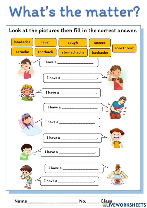 Health And Sickness Worksheets, Health Vocabulary Worksheets, Health Worksheets For Kids, Ingles Kids, Matter Worksheets, English Teaching Materials, English Activities For Kids, First Day Of School Activities, Grammar Activities