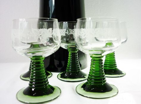 Discover Roemer Glass- Green Stemmed German Wine Glasses Green Wine Glasses, German Wine, Green Drinks, Dining Room Table Decor, Room Table, Dining Room Table, Wine Glasses, Table Decor, Dining Room