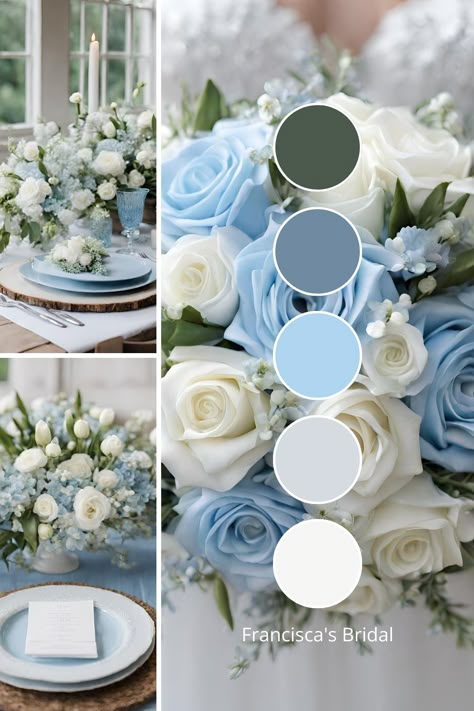 10 Best Spring Wedding Color Palette Ideas To Help Inspire You For Your Special Day - Francisca's Bridal Blue Wedding Palettes, Periwinkle Blue Wedding Colour Palettes, Sky Blue Wedding Palette, Wedding Color Schemes Blue And Green, Wedding Pastel Color Schemes, Dusty Blue Color Palette Wedding, Dusty Blue Wedding Color Schemes, Wedding Color Palette Blue, Dusty Blue Color Scheme