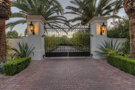 Spanish Style Home Driveway Gate, Modern Gated Driveway Entrance, Bloxburg Gate Entrance Ideas, Ranch Entrance Gates, Entrance Gates Driveway, Driveway Entrance Landscaping, Estate Gates, Driveway Entrance, Fall Decorating Ideas