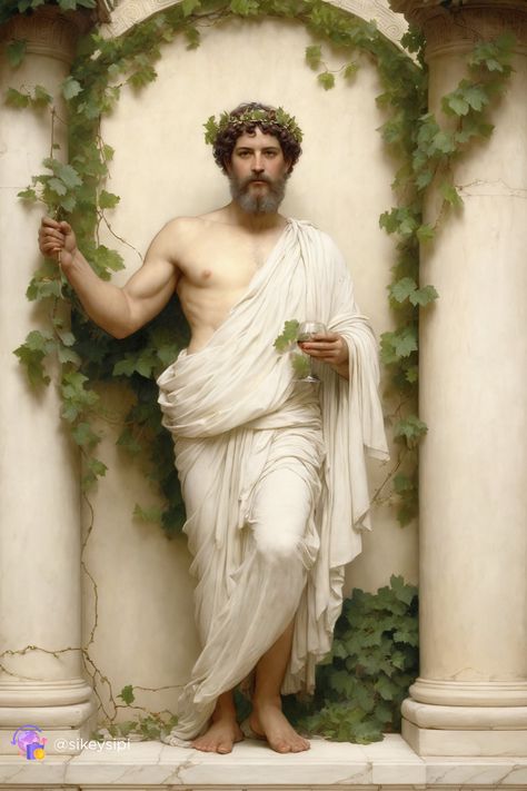 The slight smile and relaxed pose of Dionysus, the god of vineyards and celebrations, reflect an atmosphere of joy and freedom. His grape-leaf wreath and cup in hand capture the essence of festivity. This image was generated using Stable Diffusion. #DionysusVineyard #FestivalJoy #GodOfWinemaking Dionysus Art, Male Painting, Dionysus God, Roman Statues, Relaxed Pose, Lemon Painting, Roman Statue, Best Beard Styles, Roman Gods