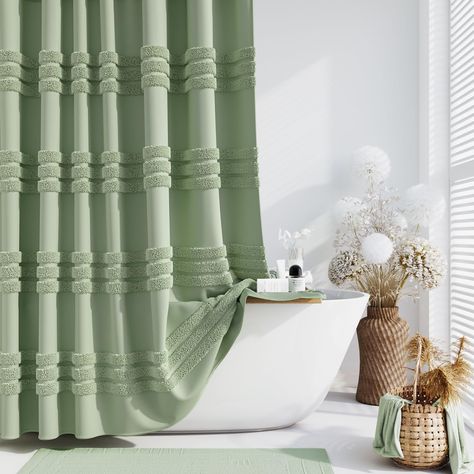 PRICES MAY VARY. 🚿【 Sage Green Shower Curtain with Classic Tufted Chenille Stripes 】 This sage green shower curtain for bathroom features classic and elegant tufted chenille stripes. This striped shower curtain can be suitable for a variety of decoration styles, such as modern farmhouse, contemporary, simple, bohemian, shabby chic style. The soft tufted chenille stripe design is exactly as shown, which can add a elegant and luxury touch to your master bathroom, guest bathroom or hotel spa. 🚿【 Neutral Shower Curtains, Shabby Chic Shower Curtain, Striped Shower Curtain, Elegant Shower Curtains, Green Bathroom Decor, Solid Color Shower Curtain, Cloth Shower Curtain, Long Shower Curtains, Green Shower Curtains