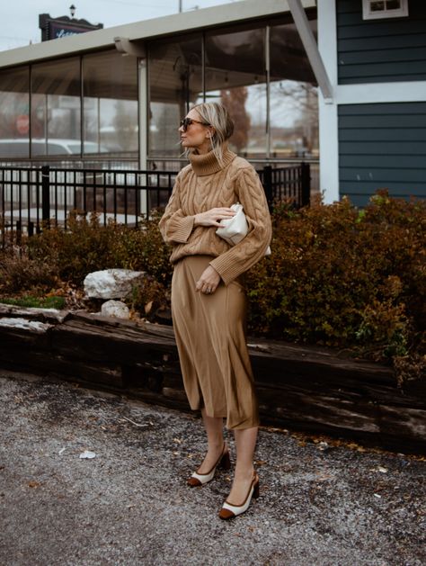 Three New Year's Eve Outfit Ideas #nyeoutfitidea #camelcableknitsweater #satinskirt Simple Easy Outfits, Camel Cable Knit Sweater, Schedule School, Satin Slip Skirt, Easy Outfits, Nye Outfits, New Years Outfit, Wearing All Black, Eve Outfit