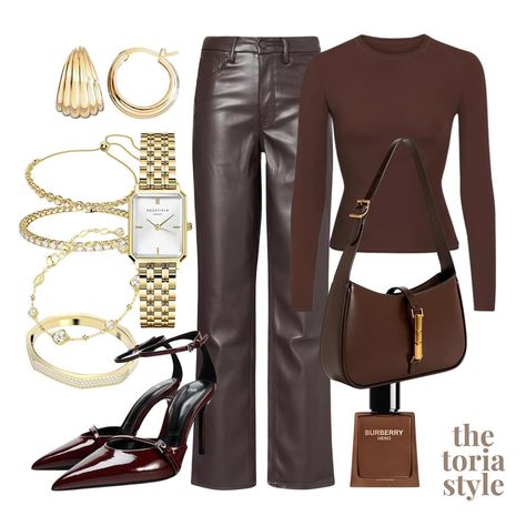 chocolate brown & gold 🤎🌟 save this post for future outfit inspo ✨ be sure to follow @thetoriastyle for daily outfits! 🤍 #dailyoutfitinspo #dailystyleinspo #neutralstyling #outfitstyling #lookbook#styleideas #simplestyling #autumnoutfits #autumnfashion #autumnstyling Chocolate Brown Outfit Aesthetic, Chocolate Brown Shirt Outfit, Chocolate Outfit Ideas, Chocolate Pants Outfit, Longsleeves Outfit Aesthetic, Espresso Outfit, Brown Blouse Outfit, Brown Monochromatic Outfit, Mocha Outfit