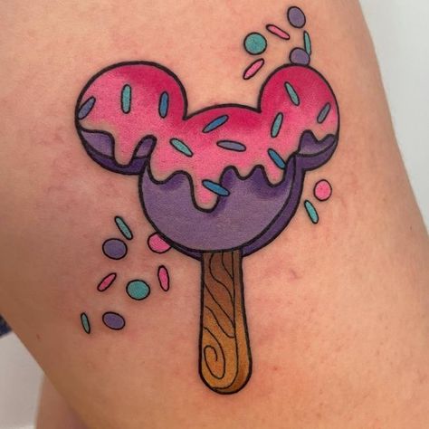 Small Disney Filler Tattoos, Popsicle Tattoo, Candyland Tattoo, Candy Land Tattoo Ideas, Mickey Ice Cream Bar Tattoo, Disney Glitter Tattoo, Sweet Tattoos Candy, Girly Sleeve Tattoo, Tiny Finger Tattoos