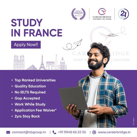 Study in France! Apply Now! Discover top-ranked universities and quality education in France. Enjoy no IELTS requirement, work while you study, and benefit from a 2-year stay-back option. Application fee waivers available!  Call Today to Know More- +91 9948 66 22 55  #studyinabroad #studyinfrance #noiletsneeded Study Abroad Creative Ads, Travel Advertising Design, Student Posters, Delhi Metro, Education Poster Design, Instagram Design Creative, Travel Advertising, Casual Frocks, Social Media Advertising Design