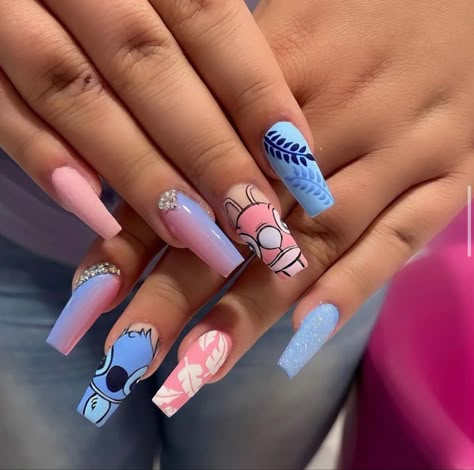 nails I found on insta🥺 Stitch Acrylic Nails Coffin, Pink And Blue Stitch Nails, Acrylic Nails Stitch, Leo And Stitch Nails, Pink Stitch Nails, Lilo And Stitch Acrylic Nails, Stitch And Angel Nails Acrylic, Cute Stitch Nails, Halloween Stitch Nails