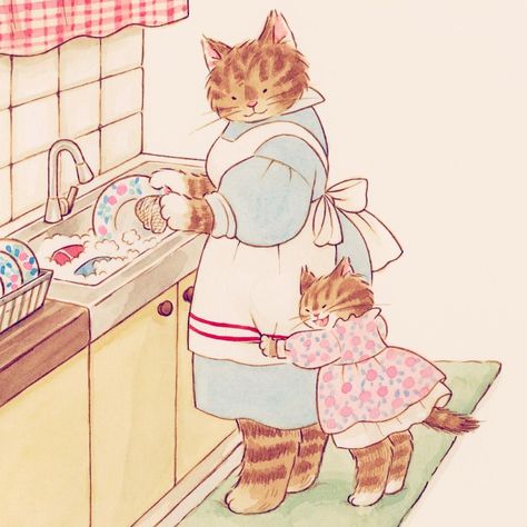 Cat Baking Illustration, Watercolor Children Illustration, Vintage Cat Illustration, Storybook Art, Mama Cat, Cute Illustration, Whimsical Art, Pretty Art, Cat Art