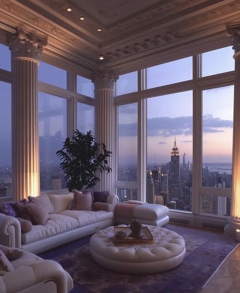 Purple New York Penthouse New York Penthouse Aesthetic, Luxury New York Apartment, Penthouse Exterior, Old Money Interior Design, Old Money Interior, Purple New York, Dream Penthouse, Feminine Apartment, Penthouse In New York