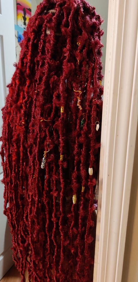 Red Distressed Locs, Red Butterfly Locs Black Women, Burgundy Butterfly Locs, Peekaboo Butterfly Locs, Red Boho Locs, Short Butterfly Locs With Color Red, Red Butterfly Braids, Dark Red Butterfly Locs, Red Butterfly Locs