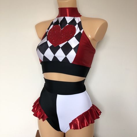 PLEASE READ ALL INFORMATION BEFORE ORDERING Robyn Hearts Training & Performance Wear. Dance, Aerial, Pole & Circus. "RED QUEEN" Queen of Hearts Inspired Costume ~ High Neck Halter Top with Harlequin Print and Red Shine Accents, with Colour Split High Waist Pants and Red Hip Frills. Red Heart Feature Finished With Red Crystals. Fully lined in soft beige  ! THIS STYLE IS ALSO AVAILABLE AS A LEOTARD ~ PLEASE SELECT OPTION. Matching Cuffs Available Here : https://www.etsy.com/uk/listing/1505880121/ Red Two Piece Dance Costume, Queen Of Hearts Dance Costume, Circus Outfits Women, Alice In Wonderland Dance Costume, Queen Of Hearts Rave Outfit, Jester Outfit Ideas, Circus Dance Costume, Acrobat Outfit, Red Performance Outfits