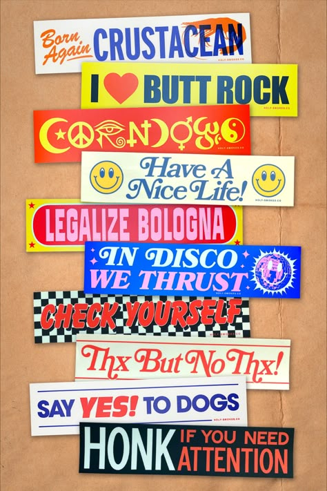 Sticker Design Vintage, 80s Stickers Aesthetic, Funny Sticker Design, Fun Bumper Stickers, Bumper Sticker Design, Vintage Box Design, Retro Bumper Stickers, Retro Sticker Design, Vintage Bumper Stickers