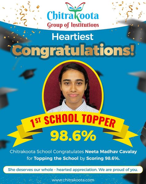 CHITRAKOOTA SCHOOL CONGRATULATES 𝗡𝗘𝗘𝗧𝗔 𝗠𝗔𝗗𝗛𝗔𝗩 𝗖𝗔𝗩𝗔𝗟𝗔𝗬 FOR TOPPING THE SCHOOL BY SCORING 98.6%. SHE DESERVES OUR WHOLE - HEARTED APPRECIATION. We are very proud of you!!! #Chitrakootaschool #10thCBSEResults #CBSEResults2022_23 #Toppers #10thToppers #Congratulations #CBSEResults #Schooltoppers School Results, Pre Primary, 10th Result, Hearty Congratulations, Future School, School Posters, Proud Of You, Public School, The School