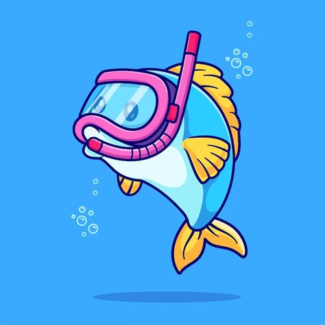 Snorkel Illustration, Diver Illustration, Goggles Drawing, Ocean Cartoon, Nature Icon, Fish Cartoon, I Love Swimming, Funny Artwork, Fish Icon