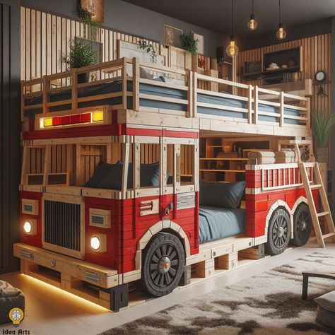 Fire Truck Inspired Pallet Bunk Bed 🚒🛏️ Fireman Room, Pallet Bunk Beds, Fire Truck Bedroom, Fire Truck Room, Firetruck Bed, Truck Room, Toddler Boy Room Decor, Diy Bunk Bed, Bunk Bed Designs