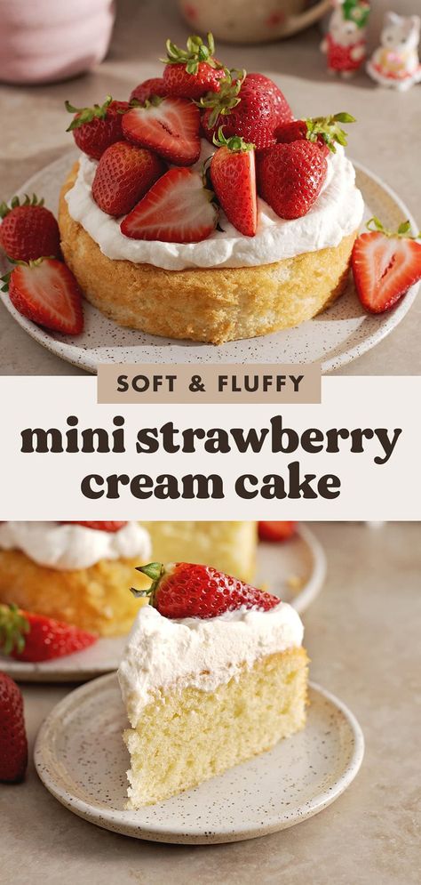 This mini strawberry cream cake is the perfect little 6" cake to celebrate a birthday alone or to share with a couple of people. It's made with a soft vanilla cake base, fresh whipped cream, and fresh strawberries or fruit of your choice! #cake #strawberrycake #baking | teakandthyme.com Small Batch Strawberry Cake, Small Strawberry Cake, Birthday Cake Recipe Homemade, Soft Vanilla Cake, Birthday Alone, Fluffy Vanilla Cake, Strawberry Cream Cake, Snacking Cake, Strawberry Things