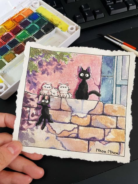 Easy Ghibli Painting, Ghibli Watercolor, Senior Boxes, Studio Ghibli Art, Art Painting Gallery, Watercolor Flower Art, Cat Air, Ghibli Art, Art Idea