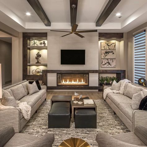 Living Family Room Combo, Family Room Design Ideas Modern, Den Remodel Ideas Family Rooms, 2nd Family Room Ideas, Family Room With Dining Area, Den Family Room Ideas, Living Room And Family Room Side By Side, Living Room Designs Fireplace Modern, Grand Family Room