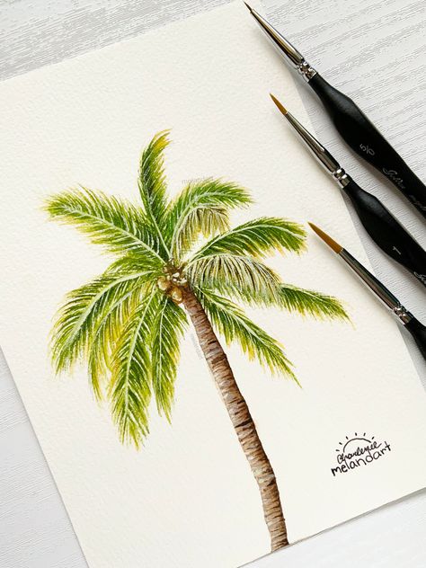 Coconut Tree Drawing, Palm Tree Sketch, Tree Painting Easy, Palm Tree Painting, Plant Drawings, Palm Tree Drawing, Tree Watercolor Painting, Palm Trees Painting, Palm Tree Art